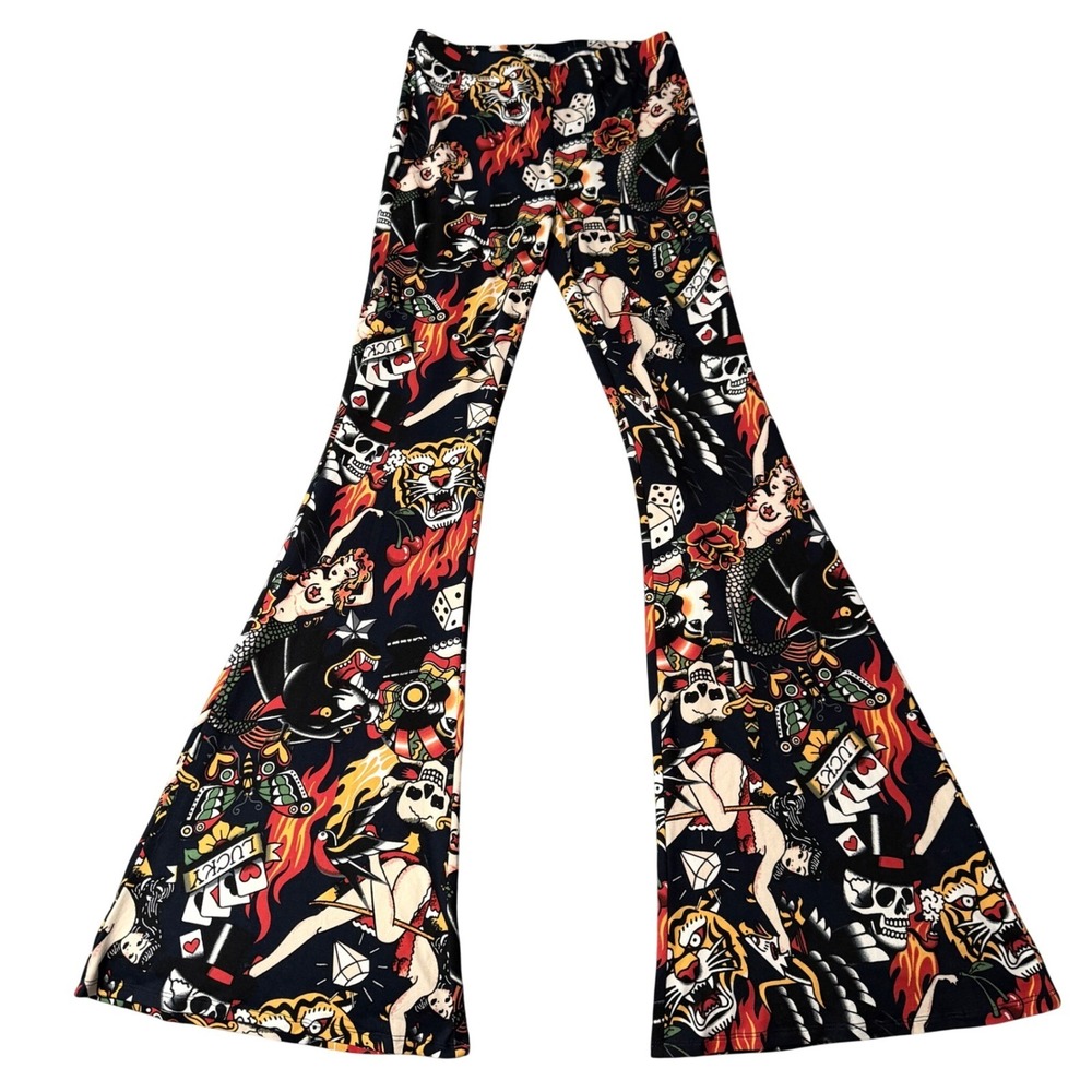 Bear Dance Skull Pants Womens S Black Graphic Tattoo Print Bell Bottom Flare
